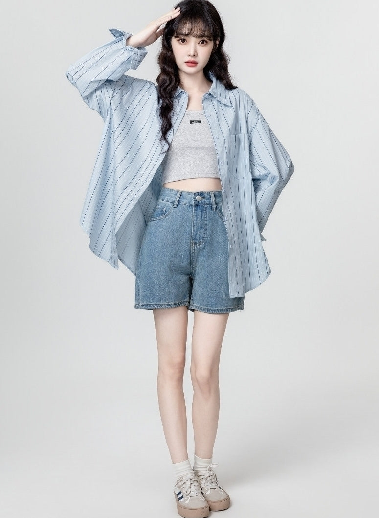 Blue Striped Relaxed Long Sleeve Shirt Jacket
