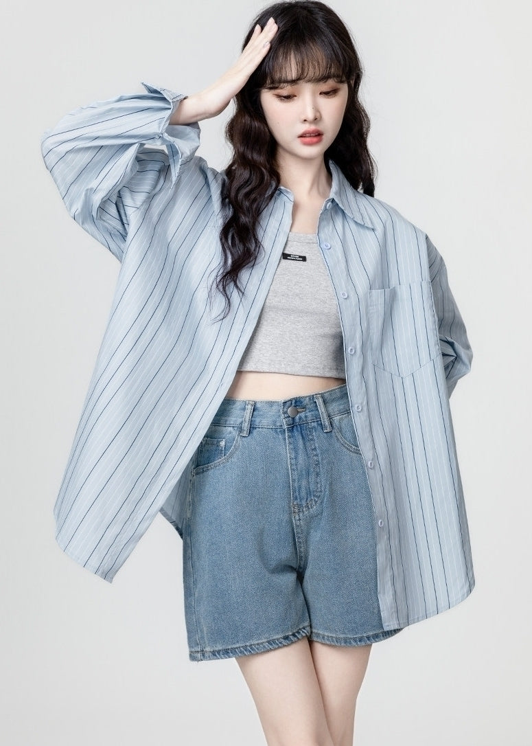 Blue Striped Relaxed Long Sleeve Shirt Jacket