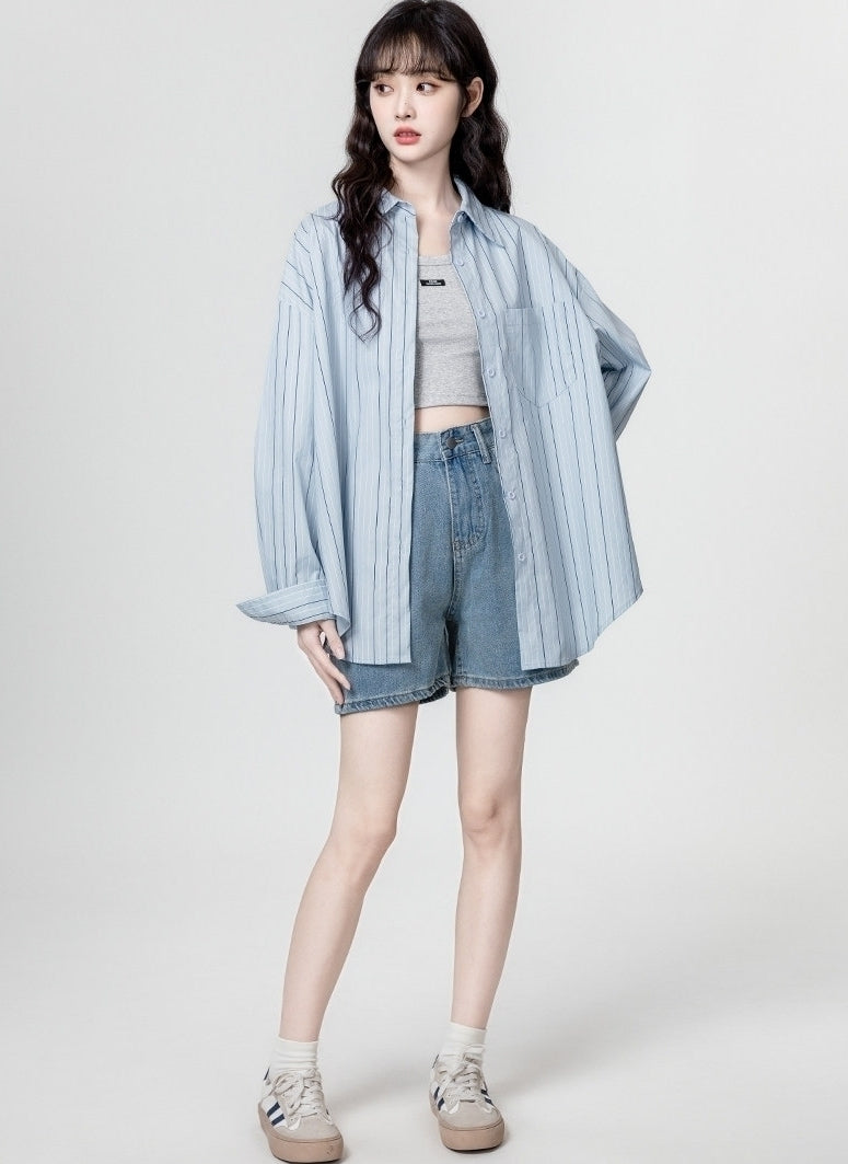 Blue Striped Relaxed Long Sleeve Shirt Jacket