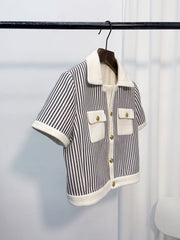 Blue Striped Woolen Short Sleeve Jacket