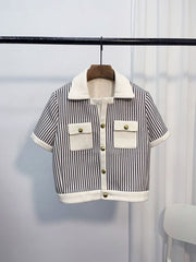 Blue Striped Woolen Short Sleeve Jacket