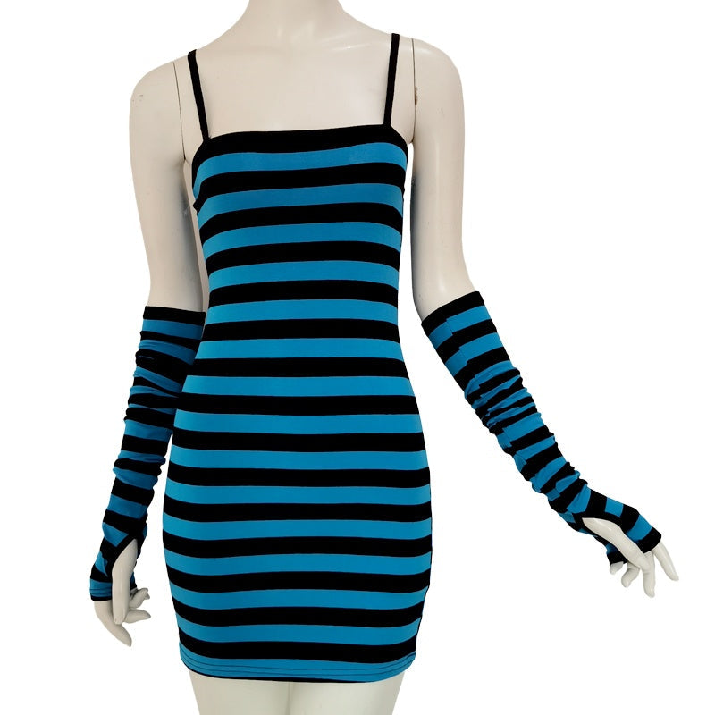 Blue Stripes Arm Sleeves Dress