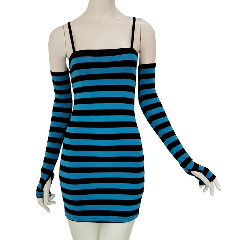 Blue Stripes Arm Sleeves Dress