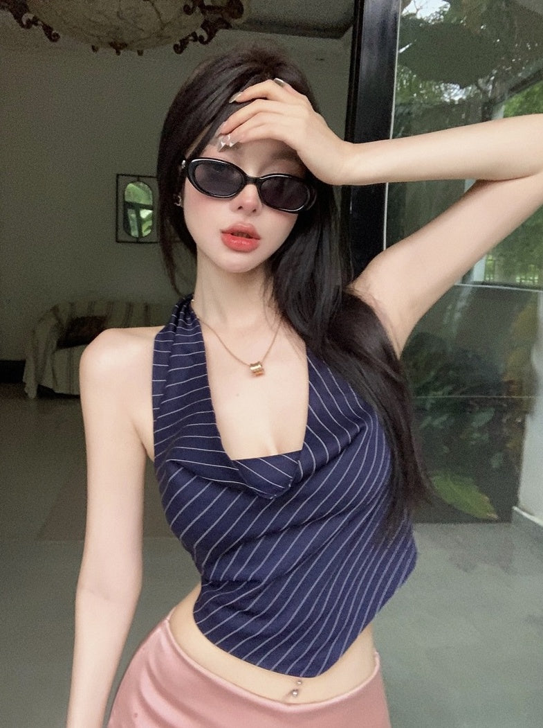 Blue Stripes Cowl Halter Top