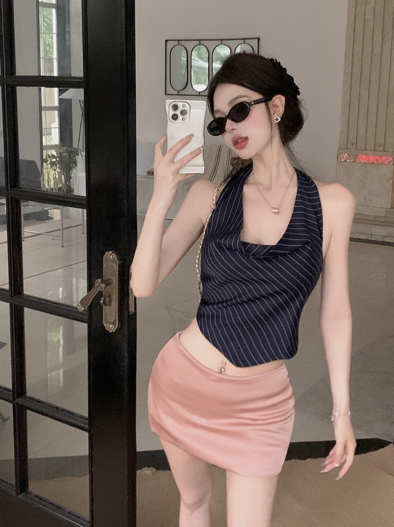 Blue Stripes Cowl Halter Top