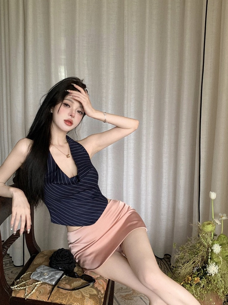Blue Stripes Cowl Halter Top
