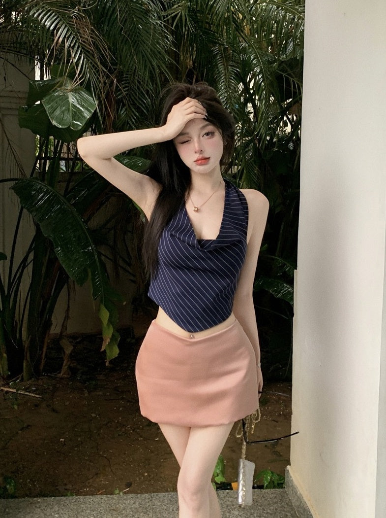Blue Stripes Cowl Halter Top