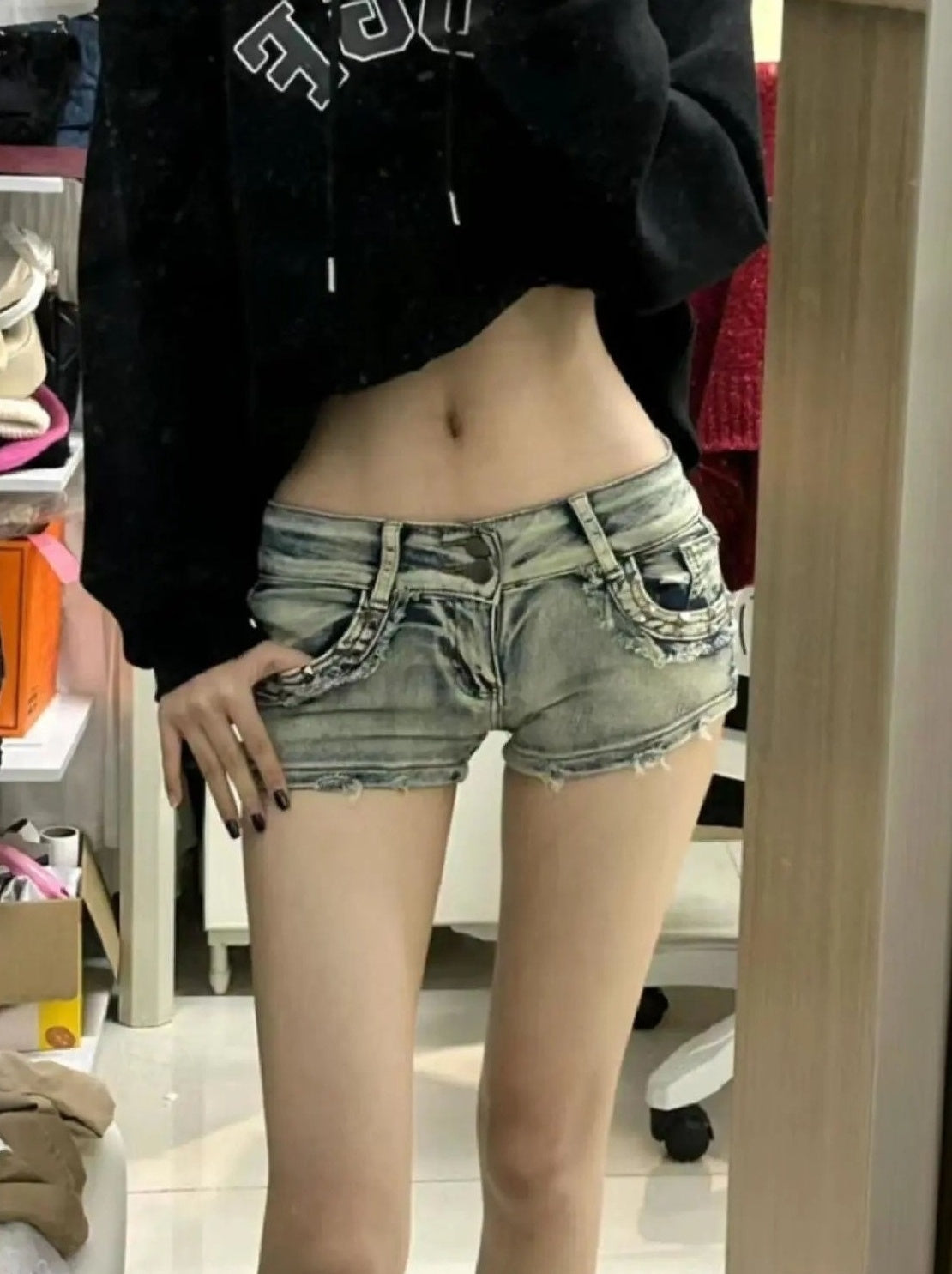 Blue Studded Micro Denim Shorts