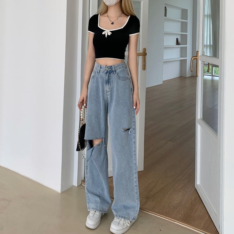 Blue Subtle Slit Ripped Jeans