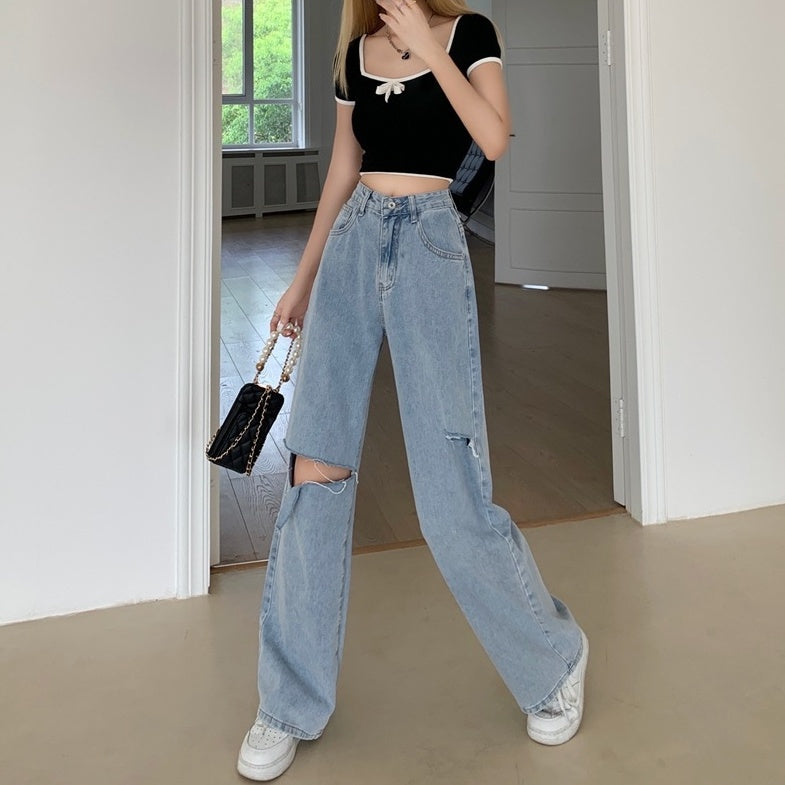 Blue Subtle Slit Ripped Jeans