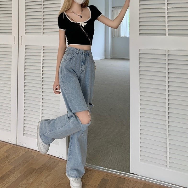 Blue Subtle Slit Ripped Jeans