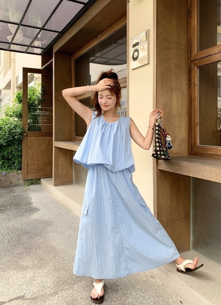 Blue Summer Casual Vest And Skirt Set