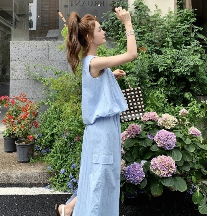Blue Summer Casual Vest And Skirt Set
