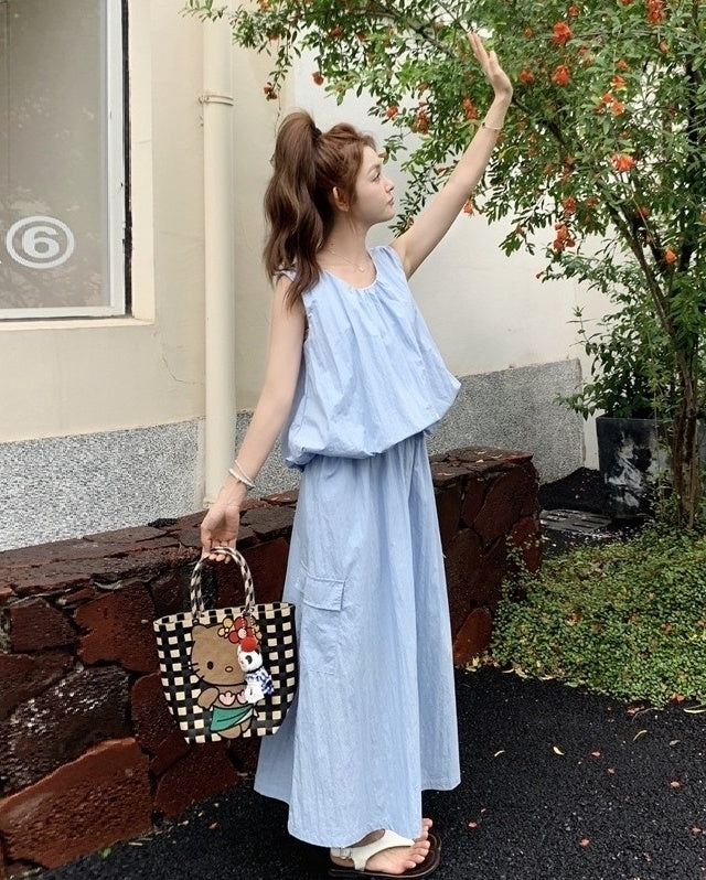 Blue Summer Casual Vest And Skirt Set