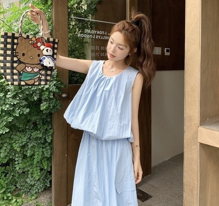 Blue Summer Casual Vest And Skirt Set