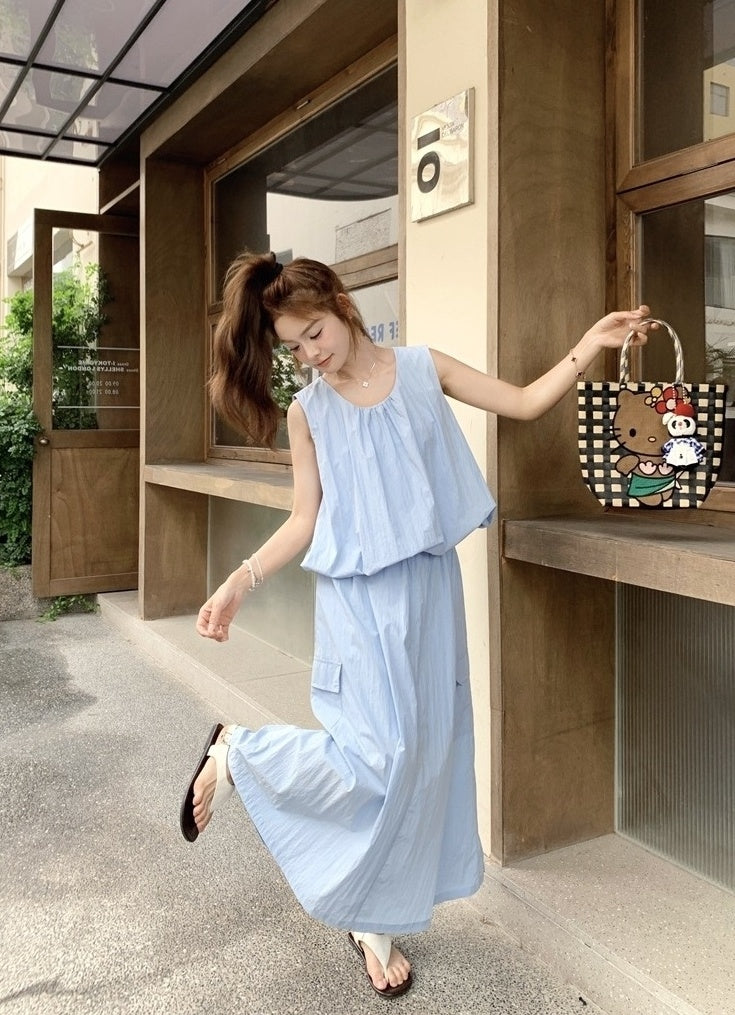 Blue Summer Casual Vest And Skirt Set