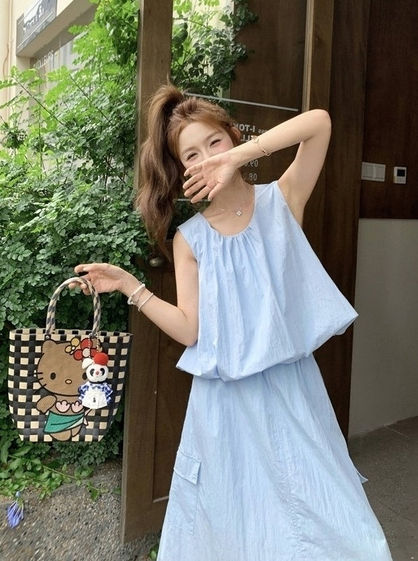 Blue Summer Casual Vest And Skirt Set