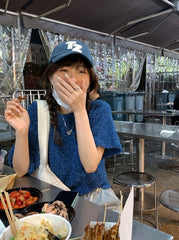 Blue Textured Casual T-Shirt