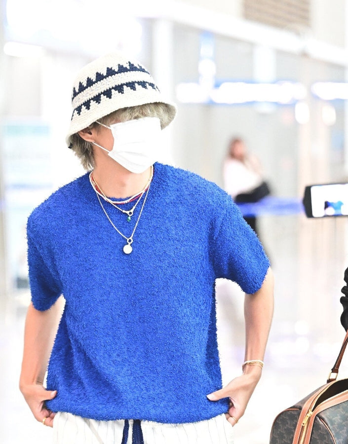 Blue Textured Casual T-Shirt