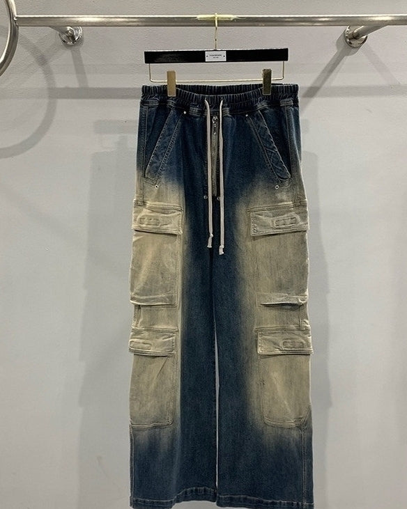 Blue Two-Tone Gradient Washed Cargo-Style Jeans