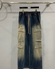 Blue Two-Tone Gradient Washed Cargo-Style Jeans