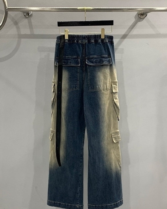 Blue Two-Tone Gradient Washed Cargo-Style Jeans