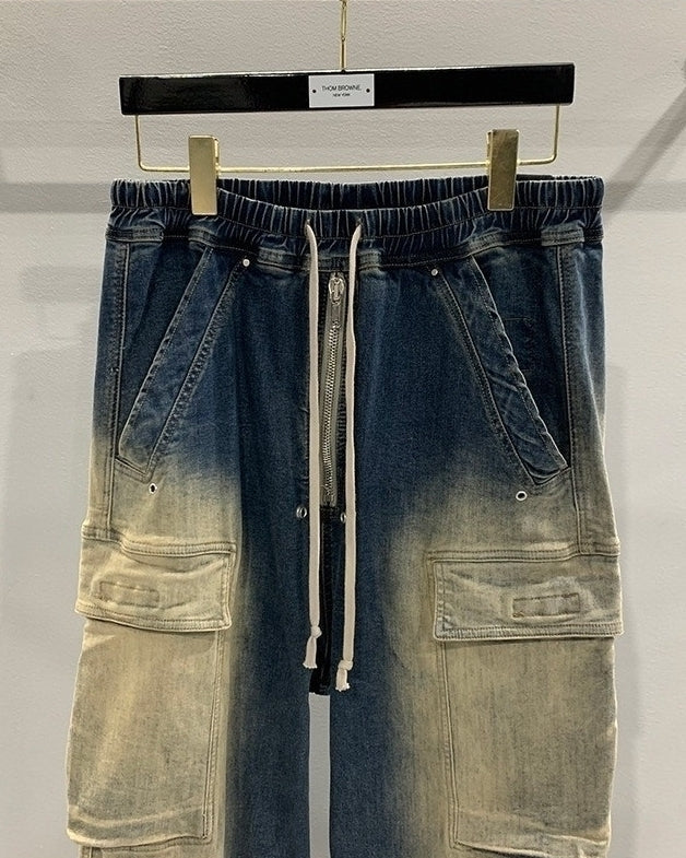 Blue Two-Tone Gradient Washed Cargo-Style Jeans