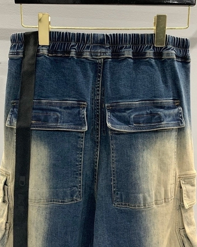 Blue Two-Tone Gradient Washed Cargo-Style Jeans