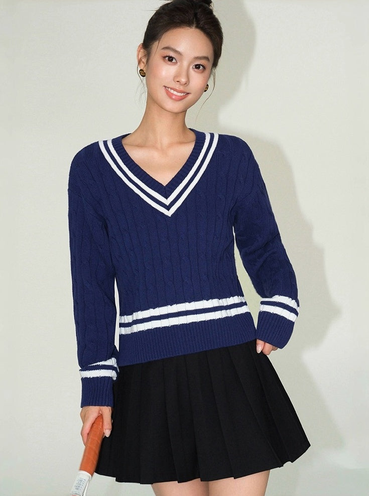 Blue V-Neck Sweater With White Linings |Yoon Ji Won â€?Love Your Enemy
