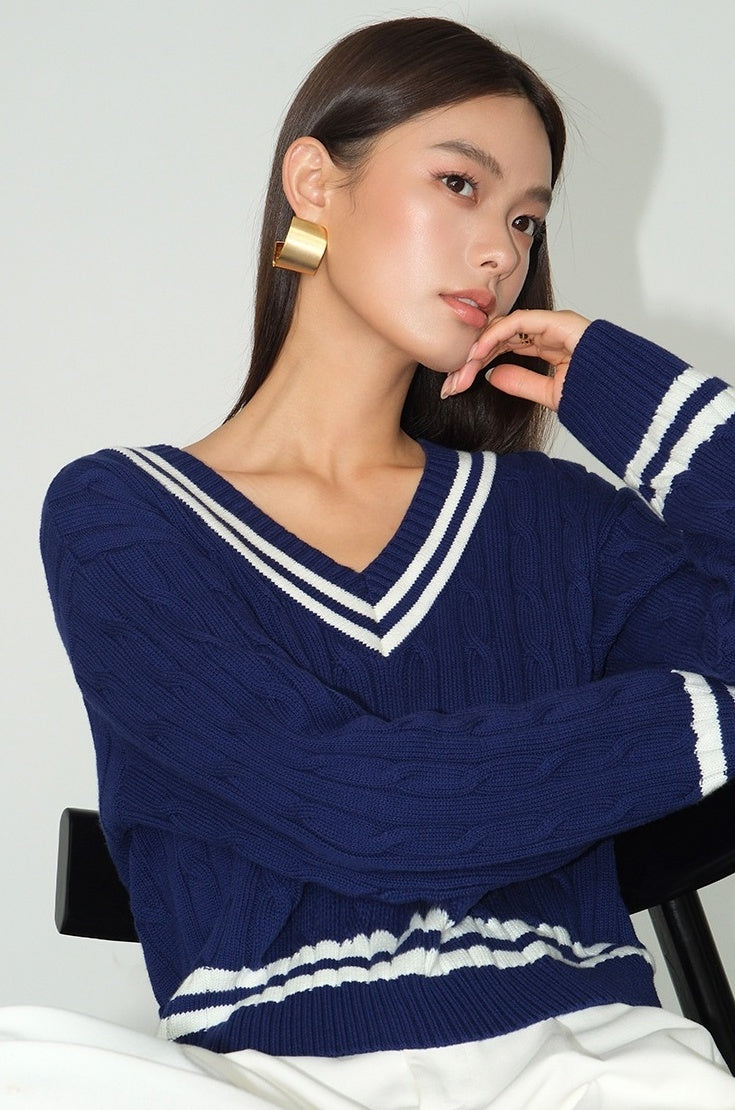 Blue V-Neck Sweater With White Linings |Yoon Ji Won â€?Love Your Enemy