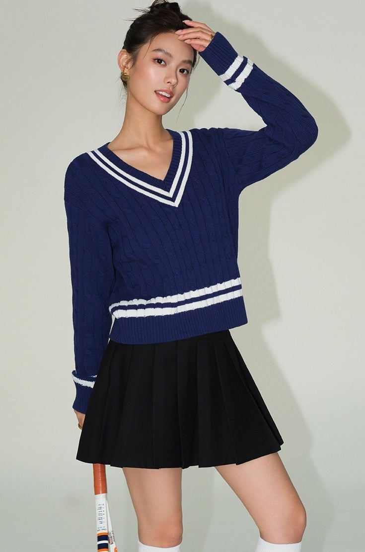 Blue V-Neck Sweater With White Linings |Yoon Ji Won â€?Love Your Enemy