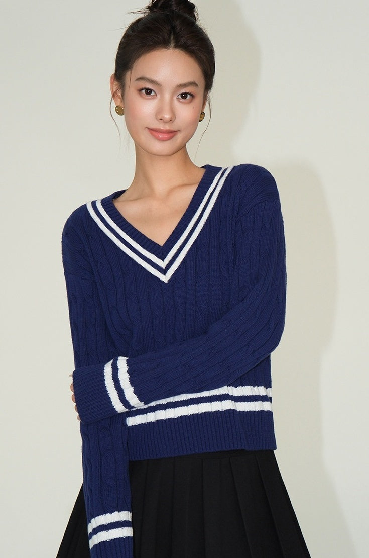 Blue V-Neck Sweater With White Linings |Yoon Ji Won â€?Love Your Enemy