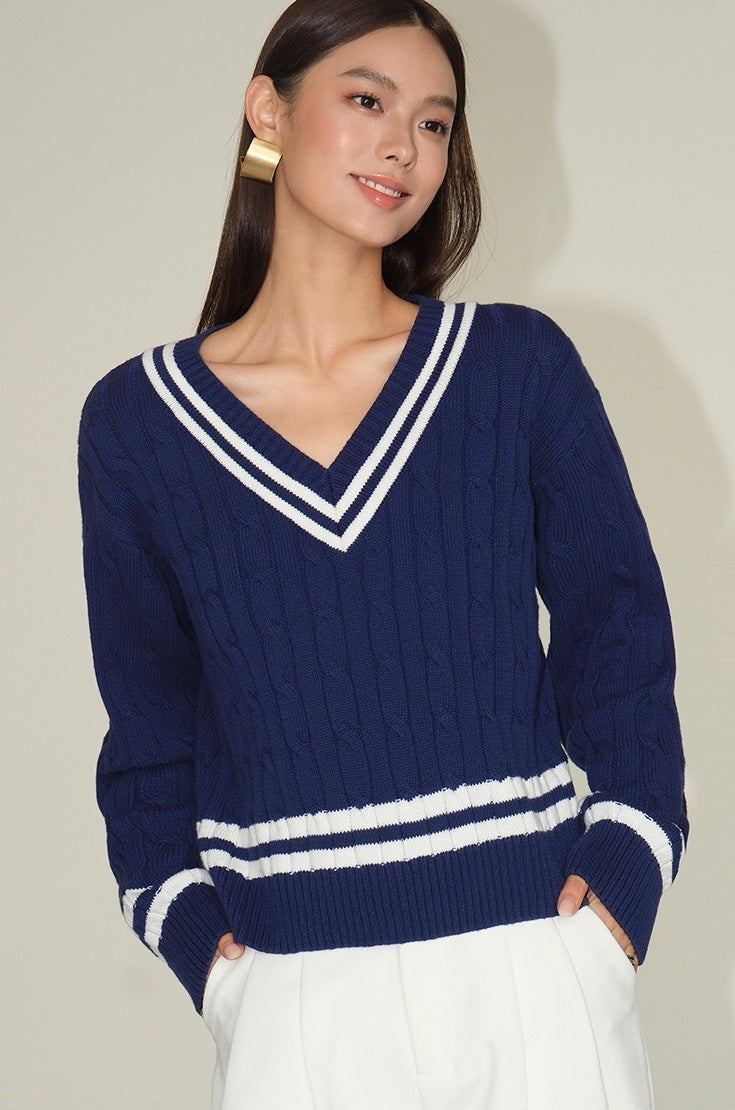 Blue V-Neck Sweater With White Linings |Yoon Ji Won â€?Love Your Enemy