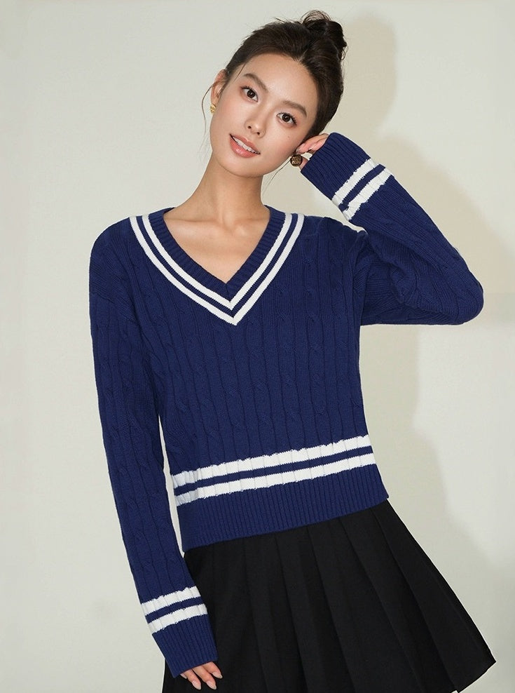 Blue V-Neck Sweater With White Linings |Yoon Ji Won â€?Love Your Enemy