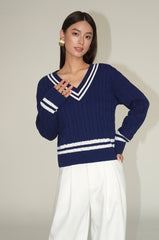 Blue V-Neck Sweater With White Linings |Yoon Ji Won â€?Love Your Enemy