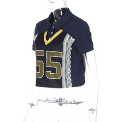 Blue Varsity Lace Patchwork T-Shirt