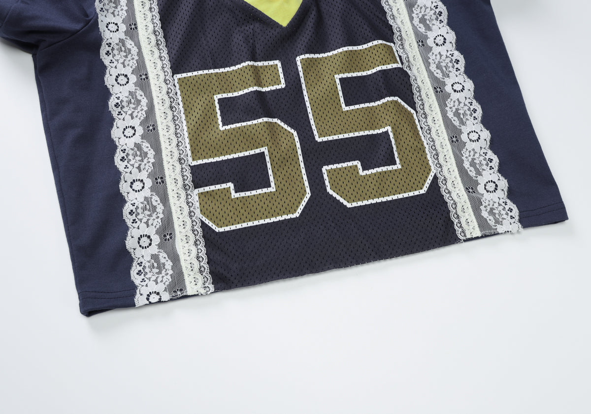 Blue Varsity Lace Patchwork T-Shirt