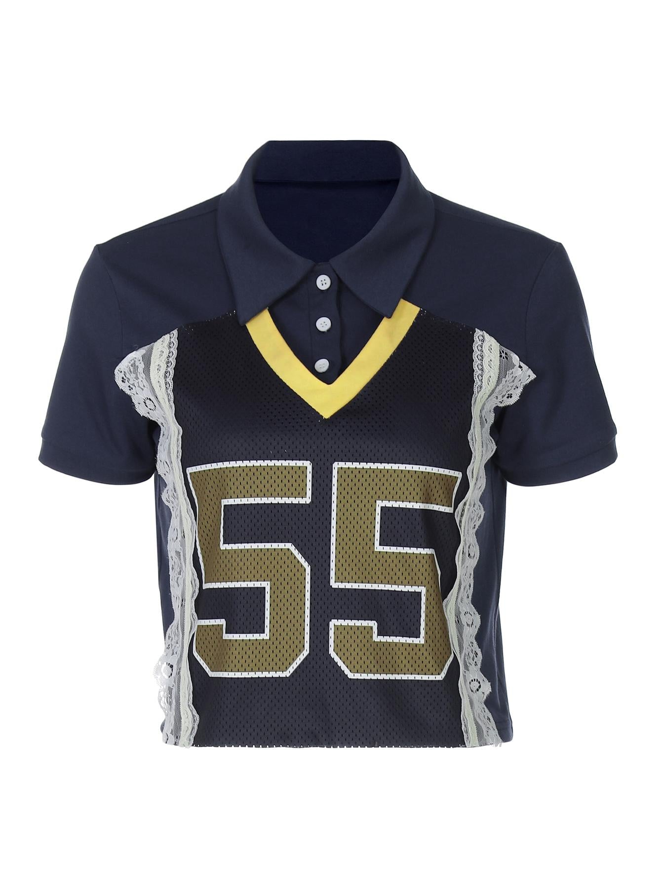 Blue Varsity Lace Patchwork T-Shirt