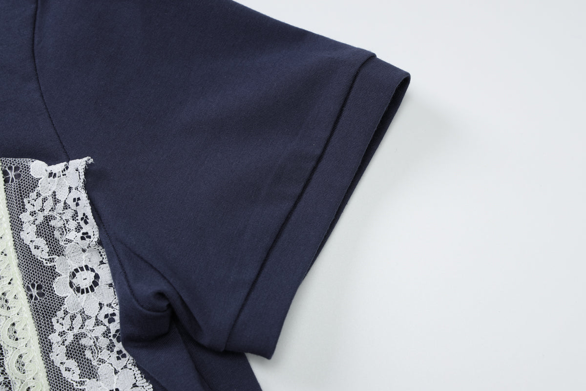 Blue Varsity Lace Patchwork T-Shirt