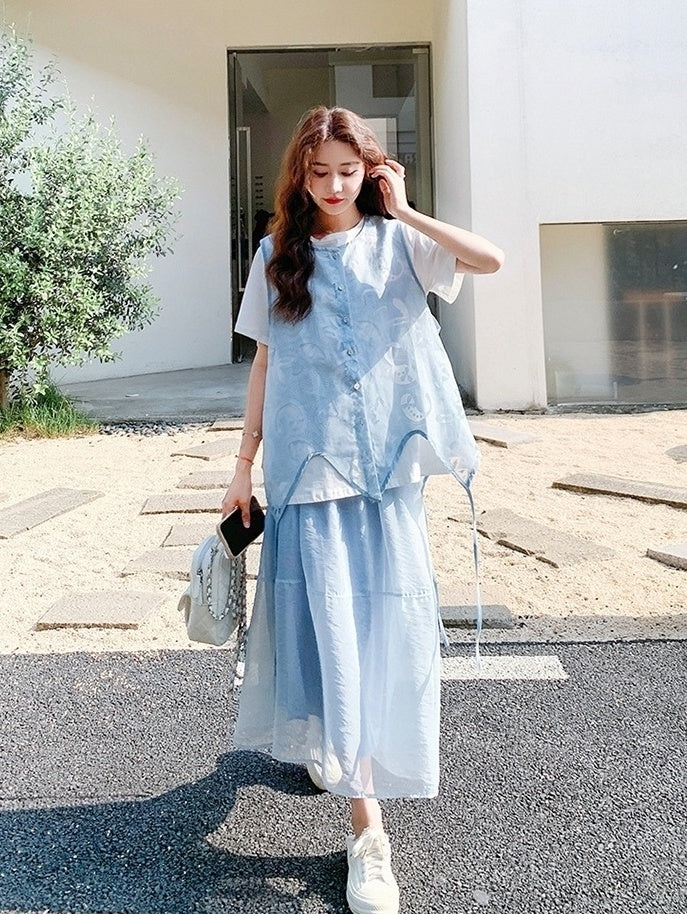 Blue Vest Fashion Three Piece Casual Skirt Set