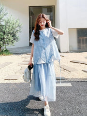 Blue Vest Fashion Three Piece Casual Skirt Set