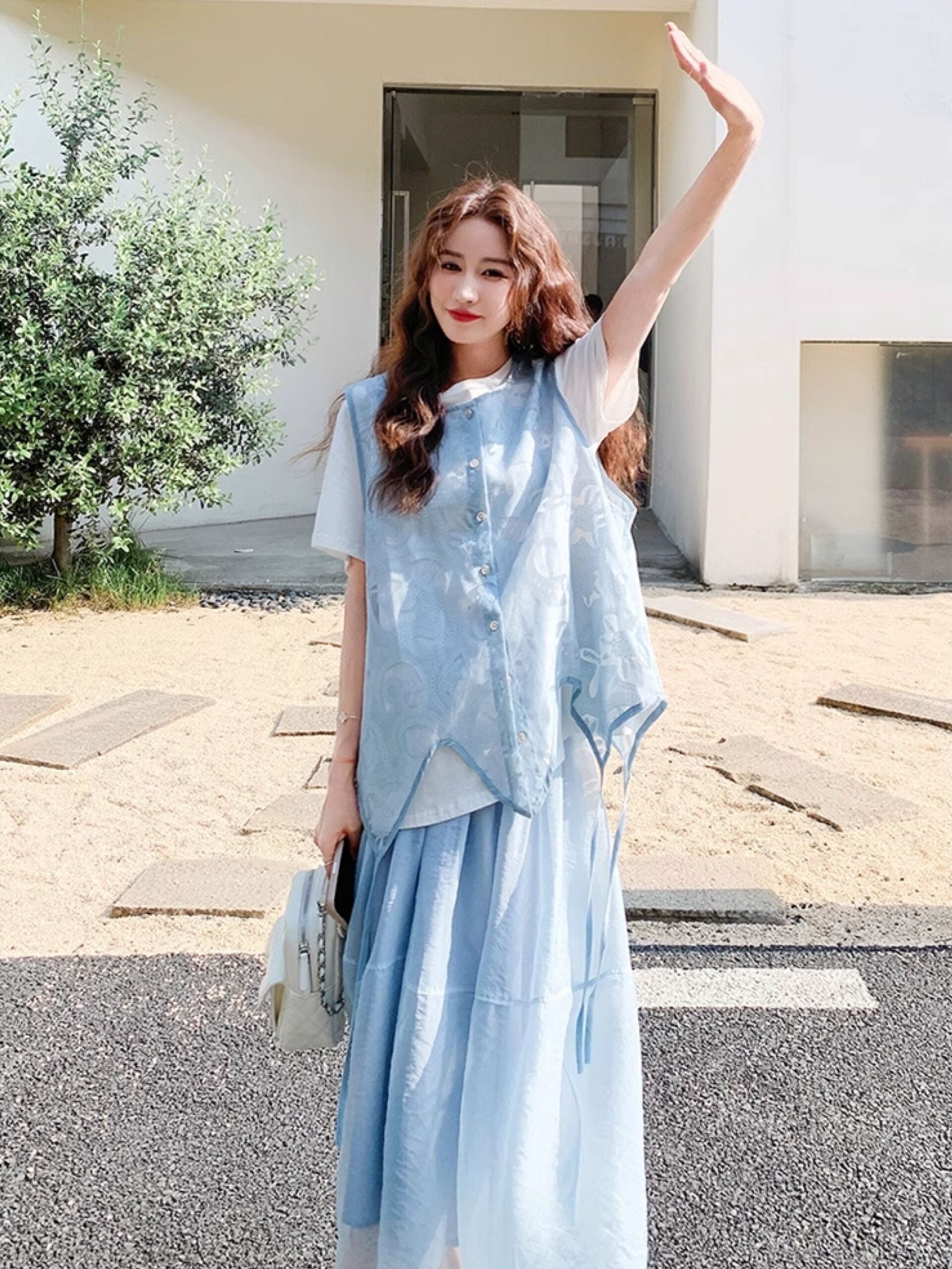 Blue Vest Fashion Three Piece Casual Skirt Set