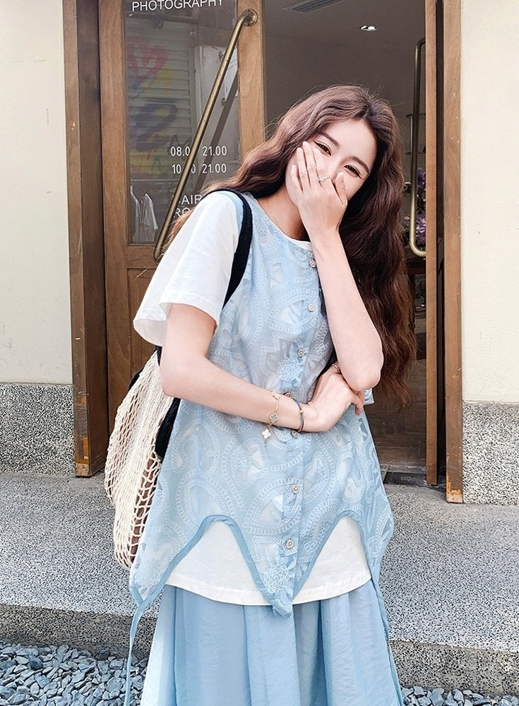 Blue Vest Fashion Three Piece Casual Skirt Set