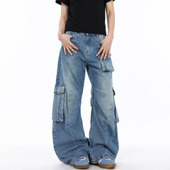 Blue Vintage Wash Oversized Cargo Jeans