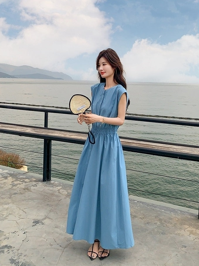 Blue Waist Slimming Vacation Maxi Dress