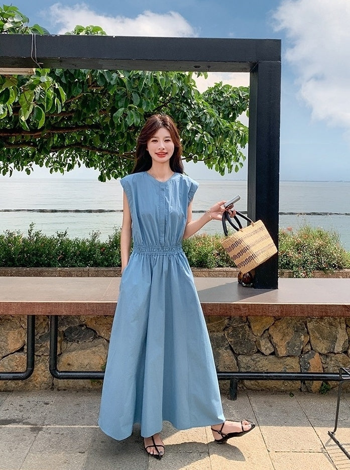 Blue Waist Slimming Vacation Maxi Dress