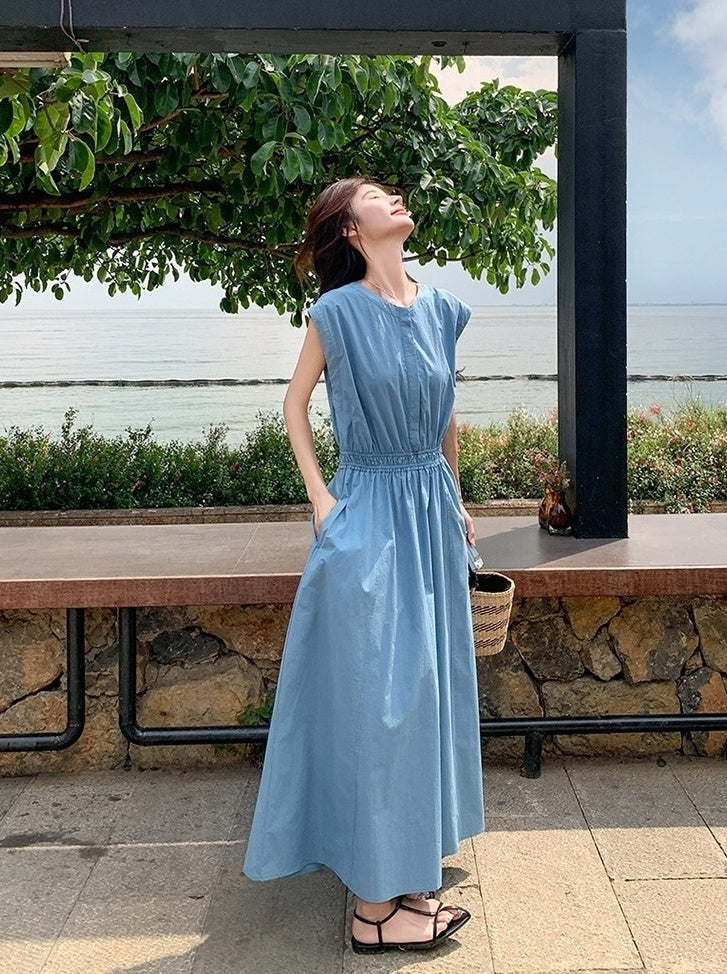Blue Waist Slimming Vacation Maxi Dress