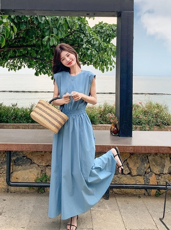 Blue Waist Slimming Vacation Maxi Dress