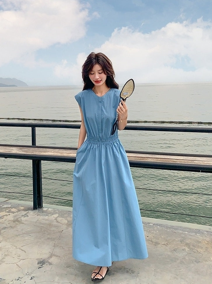 Blue Waist Slimming Vacation Maxi Dress