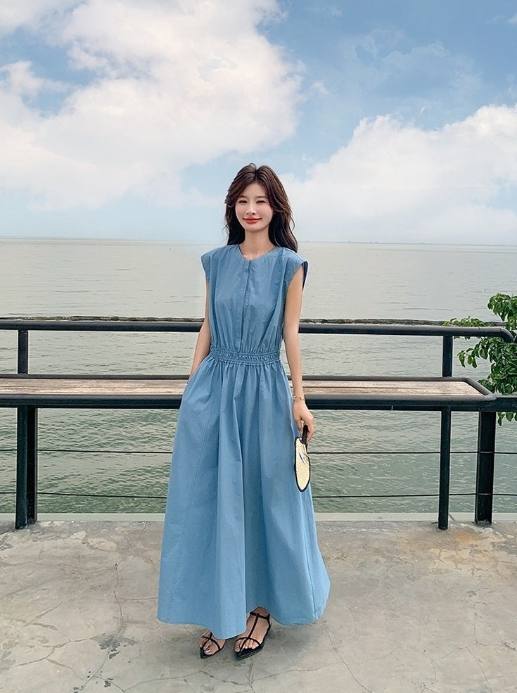 Blue Waist Slimming Vacation Maxi Dress
